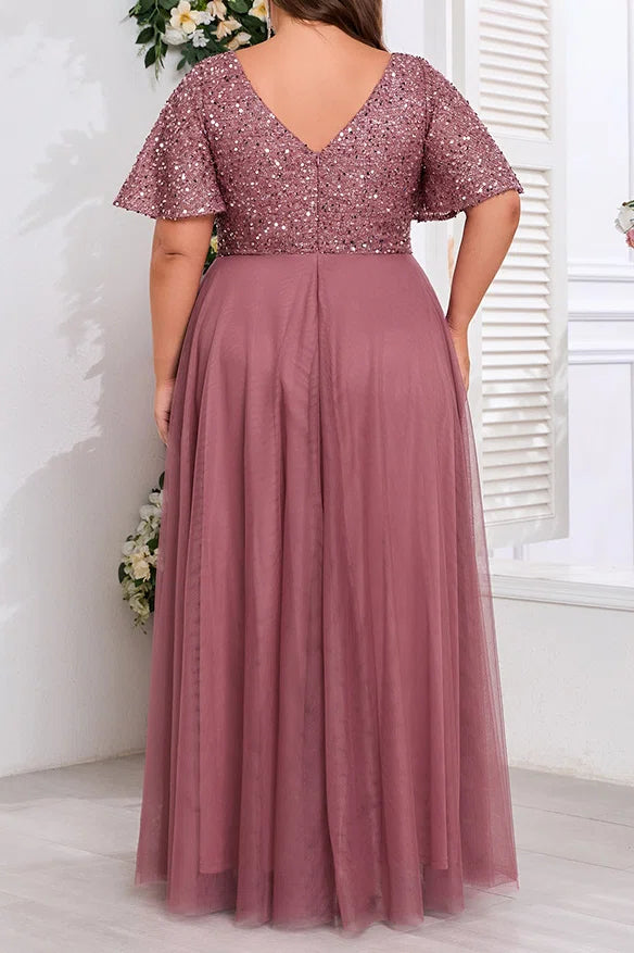 Plus Size Dusty Rose Beaded Sequin Flutter Short Sleeve V-Neck High Waist Tulle A-Line Floor Length Evening Maxi Dress