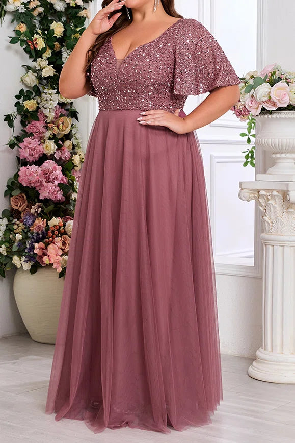 Plus Size Dusty Rose Beaded Sequin Flutter Short Sleeve V-Neck High Waist Tulle A-Line Floor Length Evening Maxi Dress