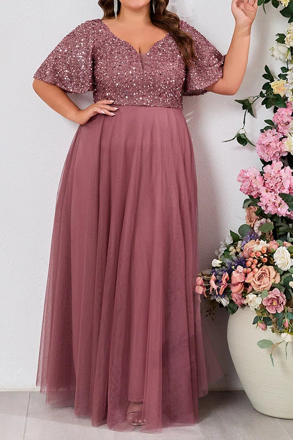 Plus Size Dusty Rose Beaded Sequin Flutter Short Sleeve V-Neck High Waist Tulle A-Line Floor Length Evening Maxi Dress