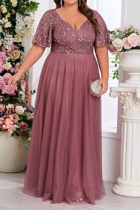 Plus Size Dusty Rose Beaded Sequin Flutter Short Sleeve V-Neck High Waist Tulle A-Line Floor Length Evening Maxi Dress