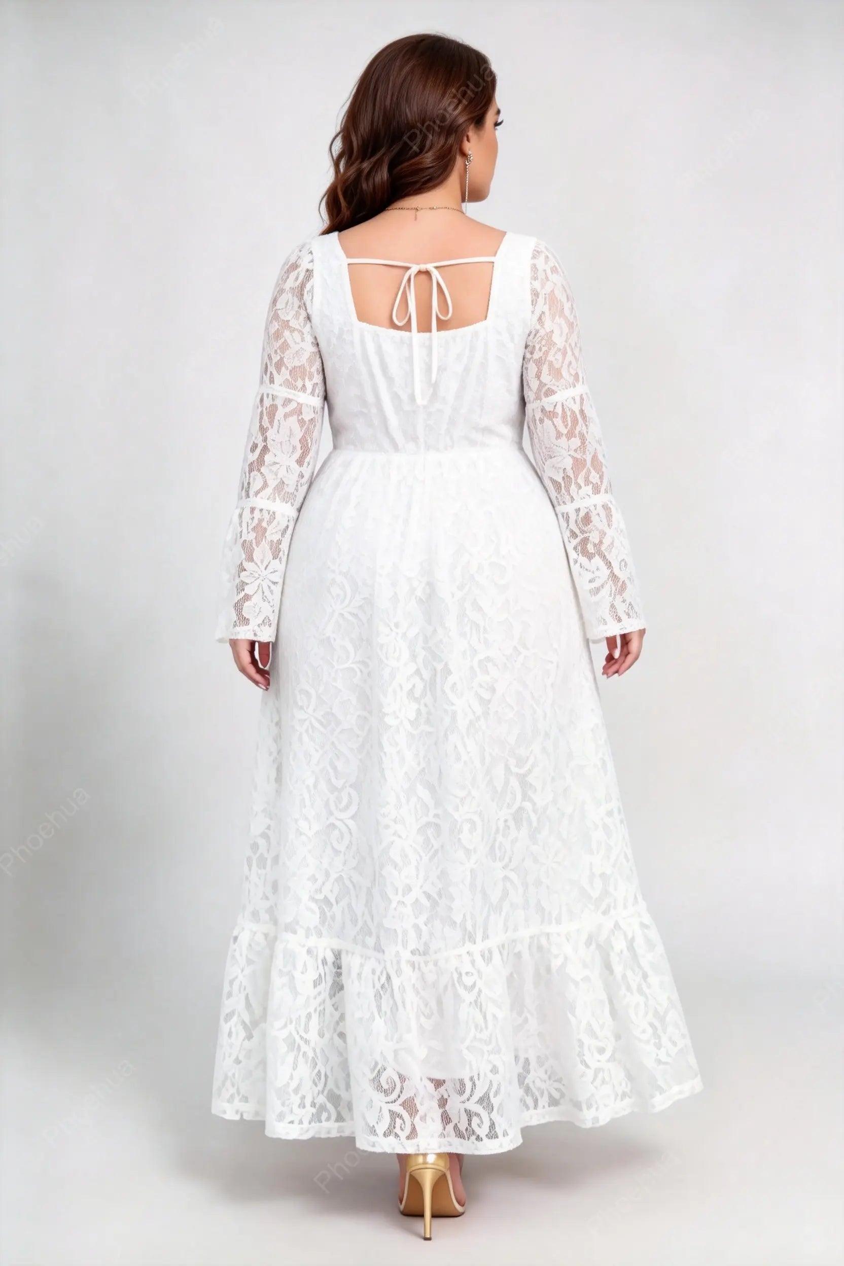 Plus Size White Square Neck Sweetheart Lace Bell Long Sleeve Back Tie A-Line Maxi Dress