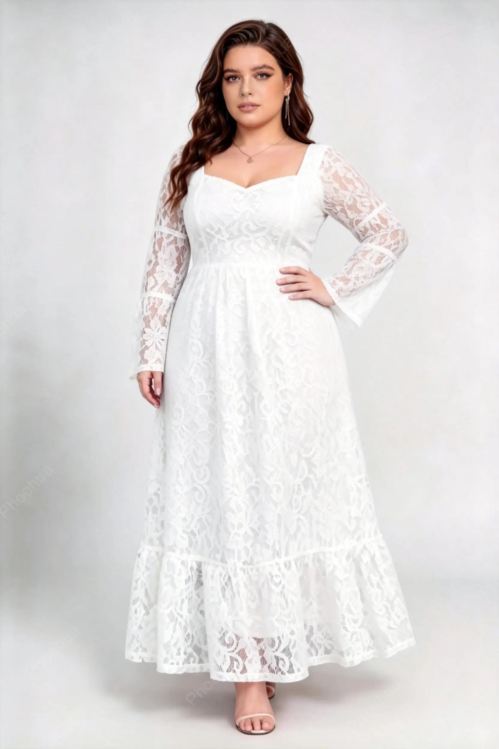 Plus Size White Square Neck Sweetheart Lace Bell Long Sleeve Back Tie A-Line Maxi Dress