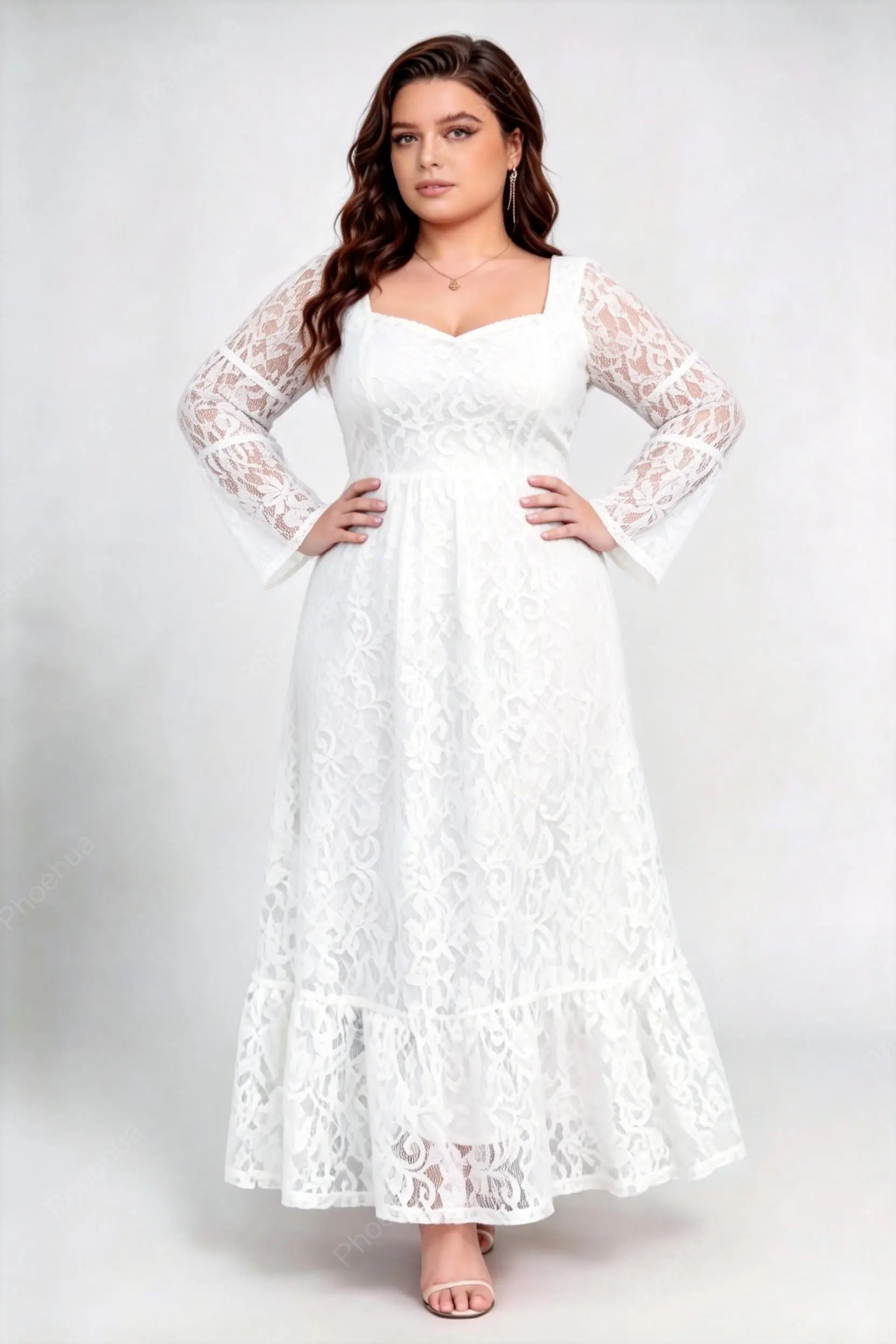 Plus Size White Square Neck Sweetheart Lace Bell Long Sleeve Back Tie A-Line Maxi Dress