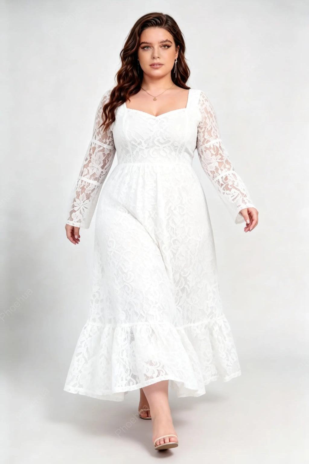 Plus Size White Square Neck Sweetheart Lace Bell Long Sleeve Back Tie A-Line Maxi Dress