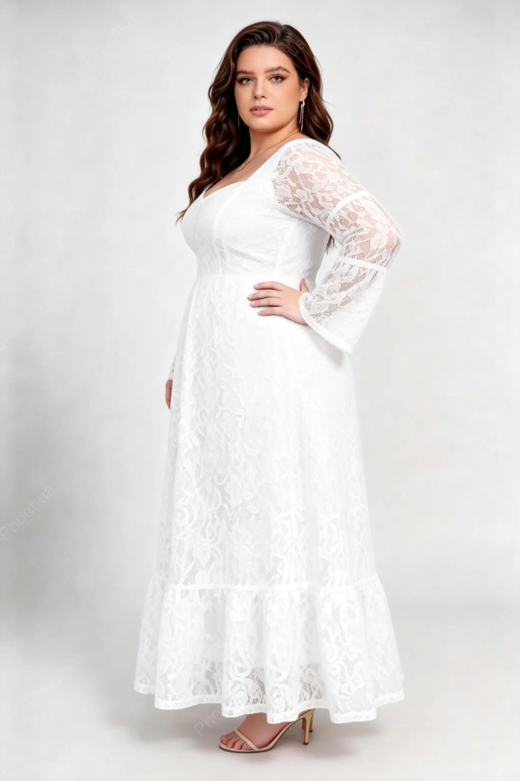 Plus Size White Square Neck Sweetheart Lace Bell Long Sleeve Back Tie A-Line Maxi Dress