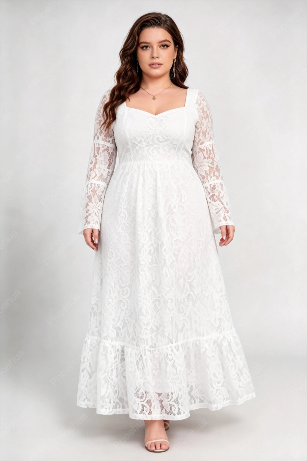 Plus Size White Square Neck Sweetheart Lace Bell Long Sleeve Back Tie A-Line Maxi Dress