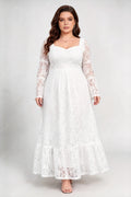 Plus Size White Square Neck Sweetheart Lace Bell Long Sleeve Back Tie A-Line Maxi Dress