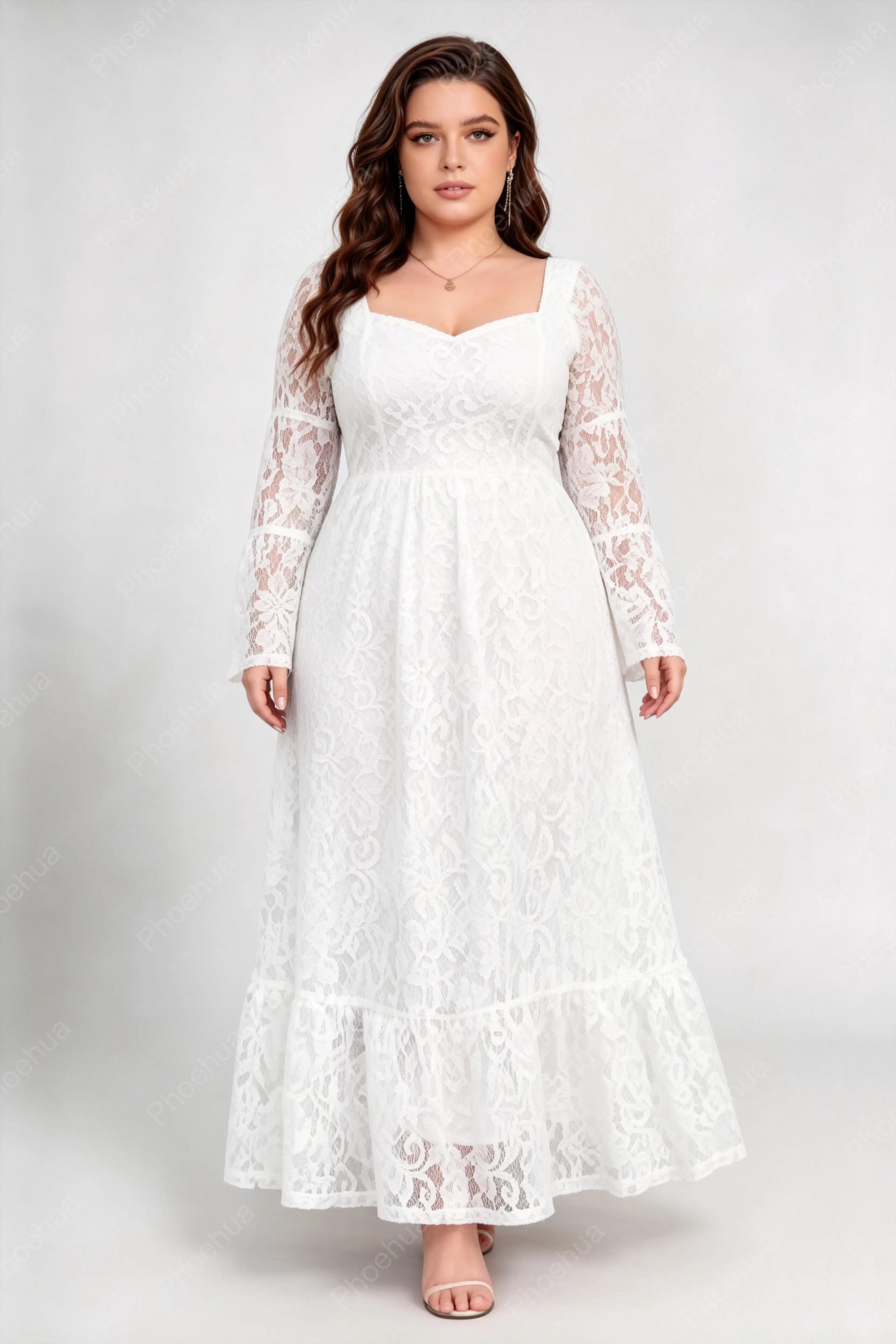 Plus Size White Square Neck Sweetheart Lace Bell Long Sleeve Back Tie A-Line Maxi Dress