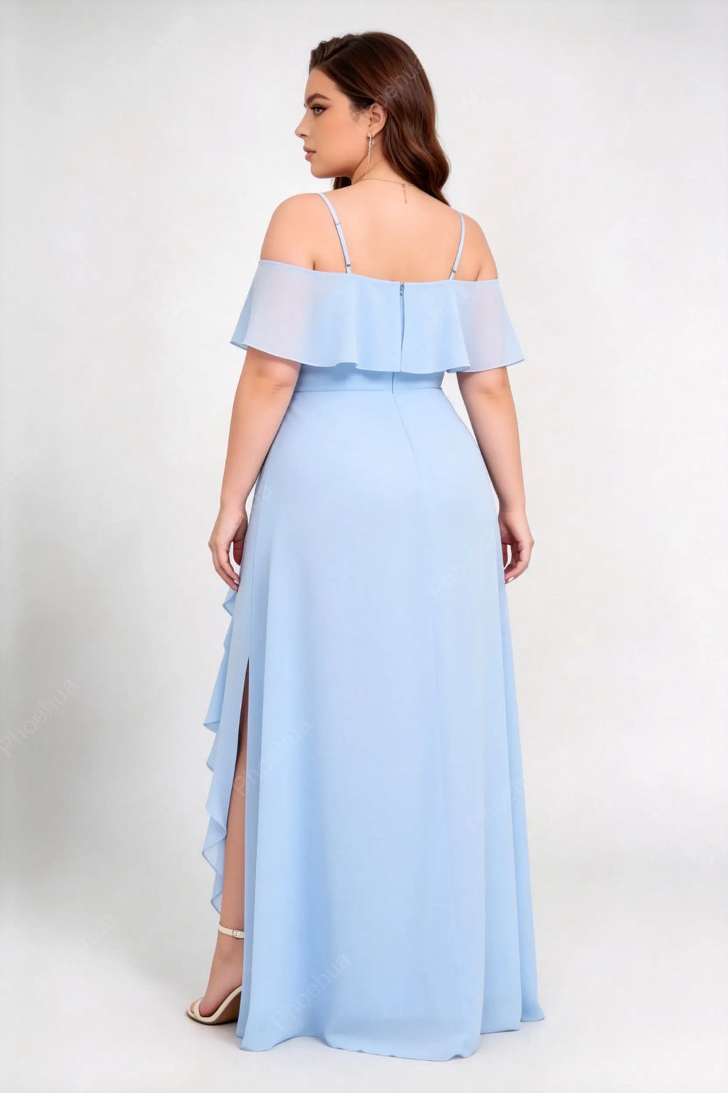 Plus Size Light Blue Off Shoulder Spaghetti Strap Ruffle Slit Chiffon A-Line Maxi Bridesmaid Dress