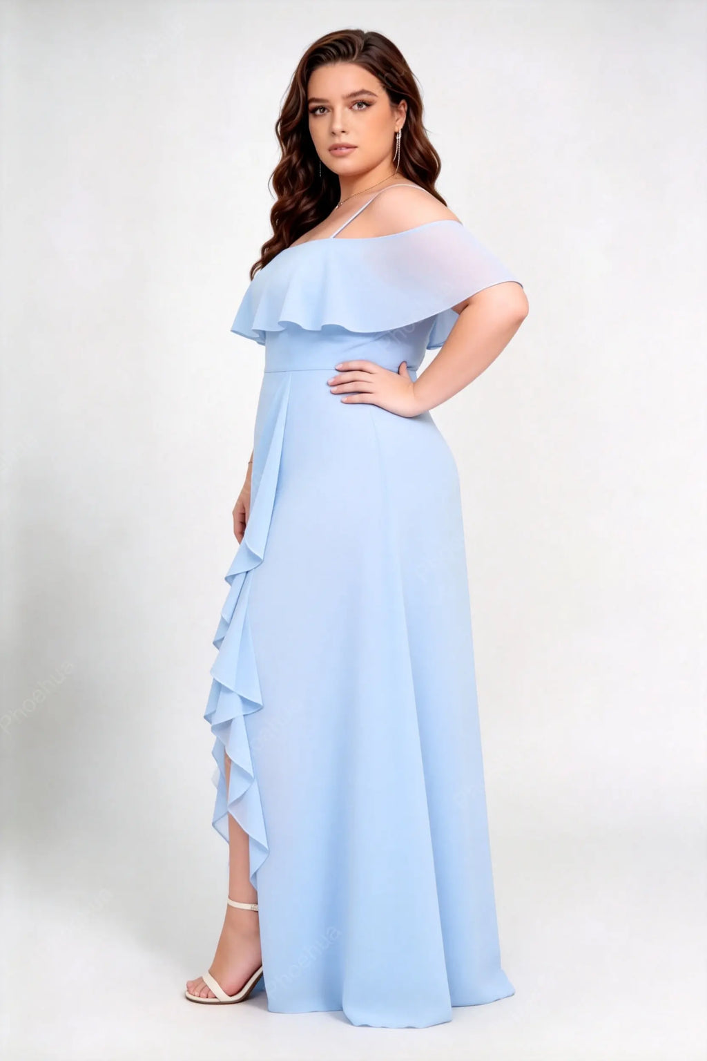 Plus Size Light Blue Off Shoulder Spaghetti Strap Ruffle Slit Chiffon A-Line Maxi Bridesmaid Dress
