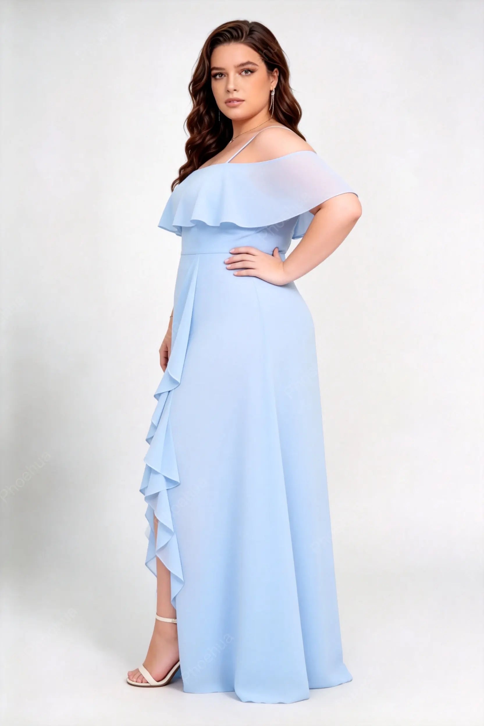 Plus Size Light Blue Off Shoulder Spaghetti Strap Ruffle Slit Chiffon A-Line Maxi Bridesmaid Dress