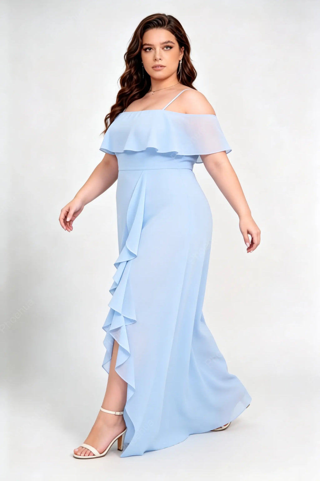 Plus Size Light Blue Off Shoulder Spaghetti Strap Ruffle Slit Chiffon A-Line Maxi Bridesmaid Dress