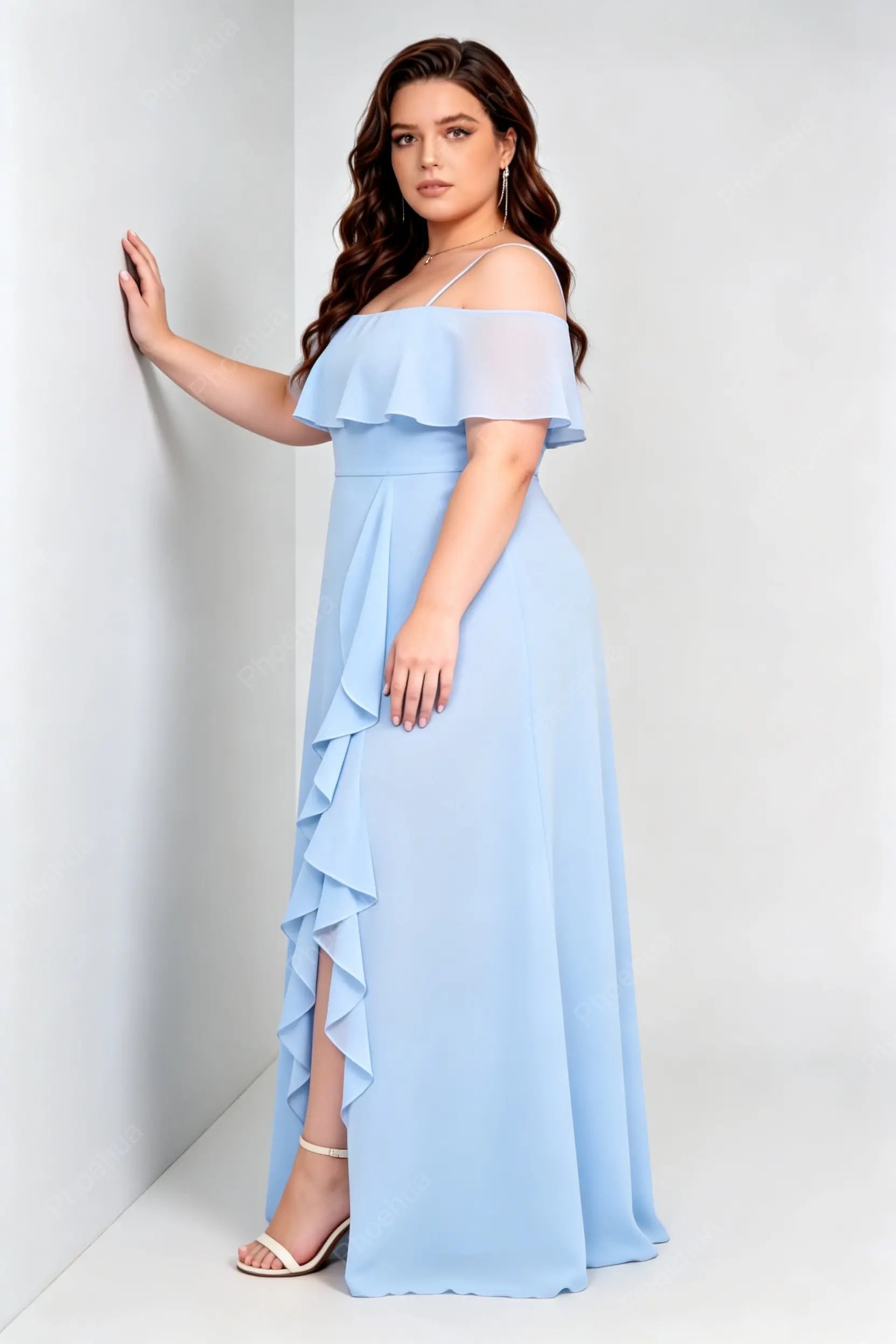 Plus Size Light Blue Off Shoulder Spaghetti Strap Ruffle Slit Chiffon A-Line Maxi Bridesmaid Dress