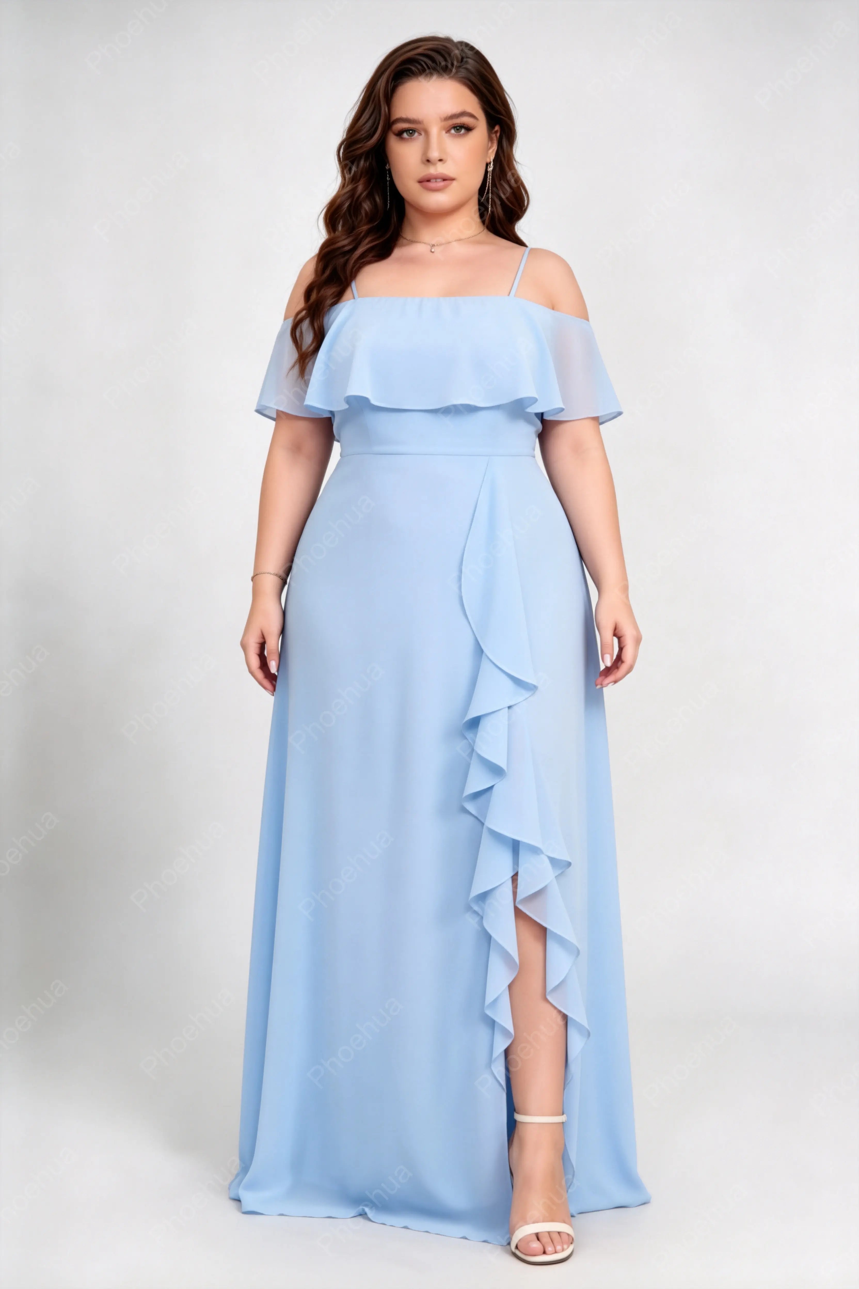 Plus Size Light Blue Off Shoulder Spaghetti Strap Ruffle Slit Chiffon A-Line Maxi Bridesmaid Dress