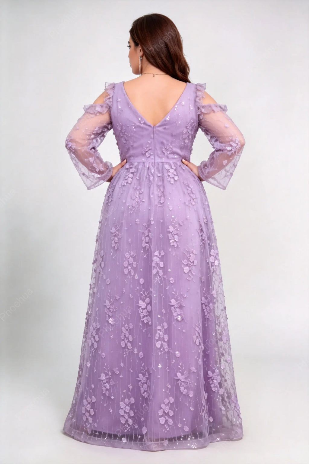 Plus Size Lavender 3D Floral Sequin Mesh Cold Shoulder Long Sleeve A-Line Floor Length Evening Maxi Dress