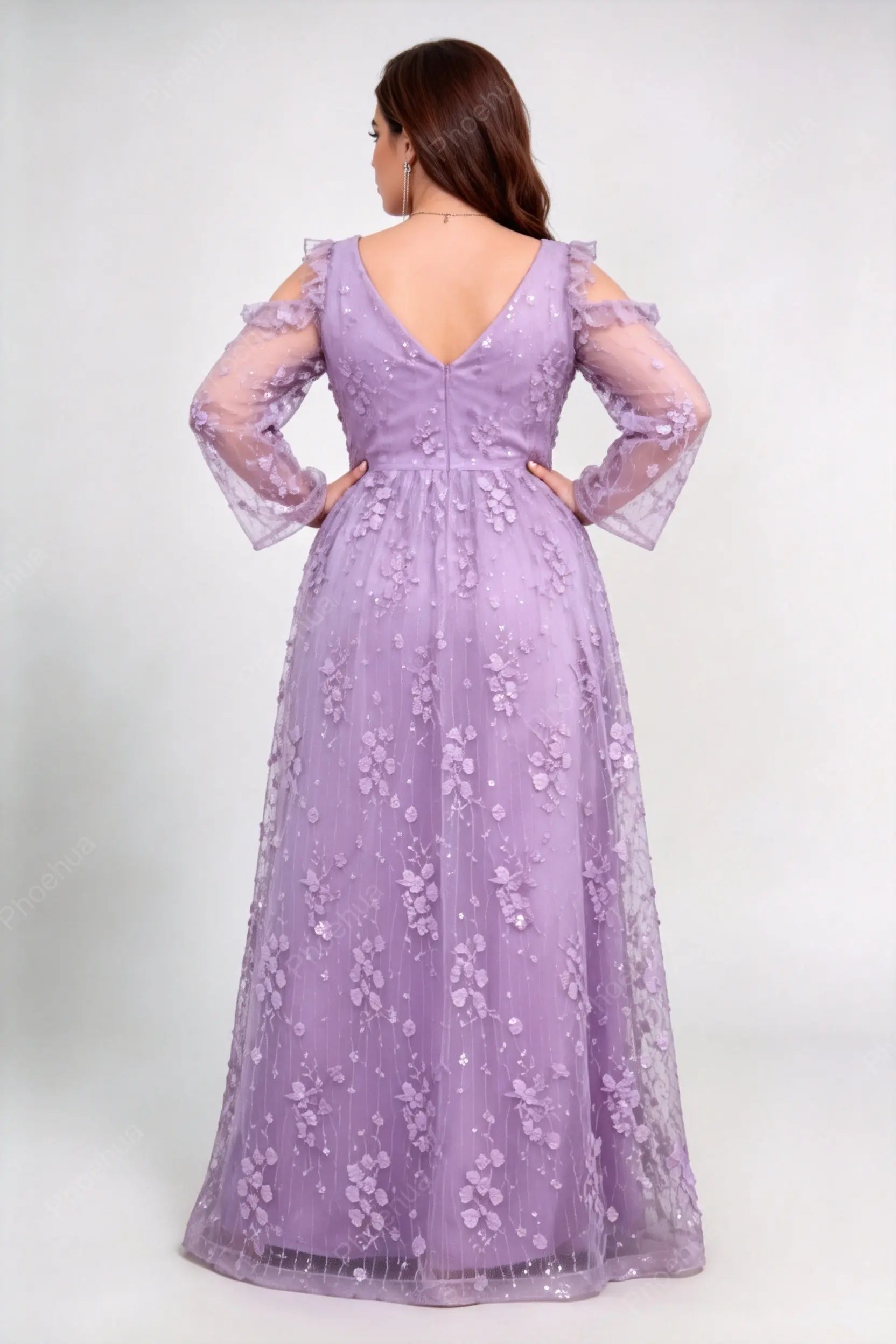 Plus Size Lavender 3D Floral Sequin Mesh Cold Shoulder Long Sleeve A-Line Floor Length Evening Maxi Dress