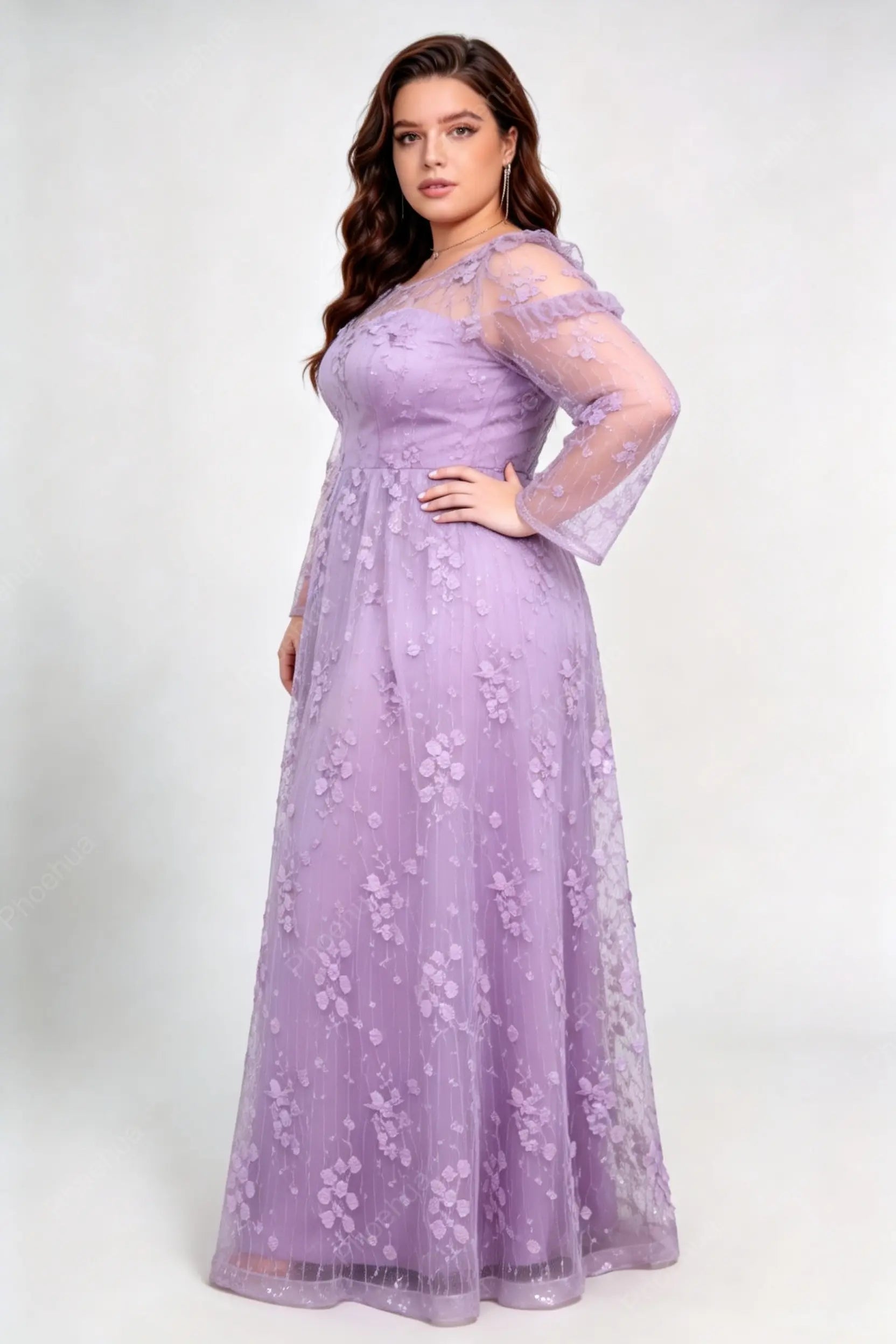 Plus Size Lavender 3D Floral Sequin Mesh Cold Shoulder Long Sleeve A-Line Floor Length Evening Maxi Dress