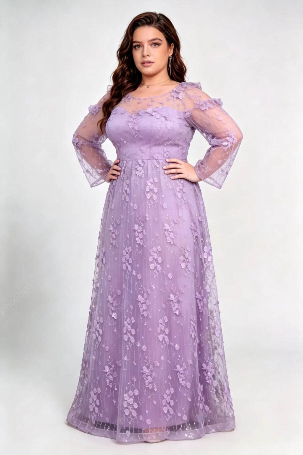 Plus Size Lavender 3D Floral Sequin Mesh Cold Shoulder Long Sleeve A-Line Floor Length Evening Maxi Dress