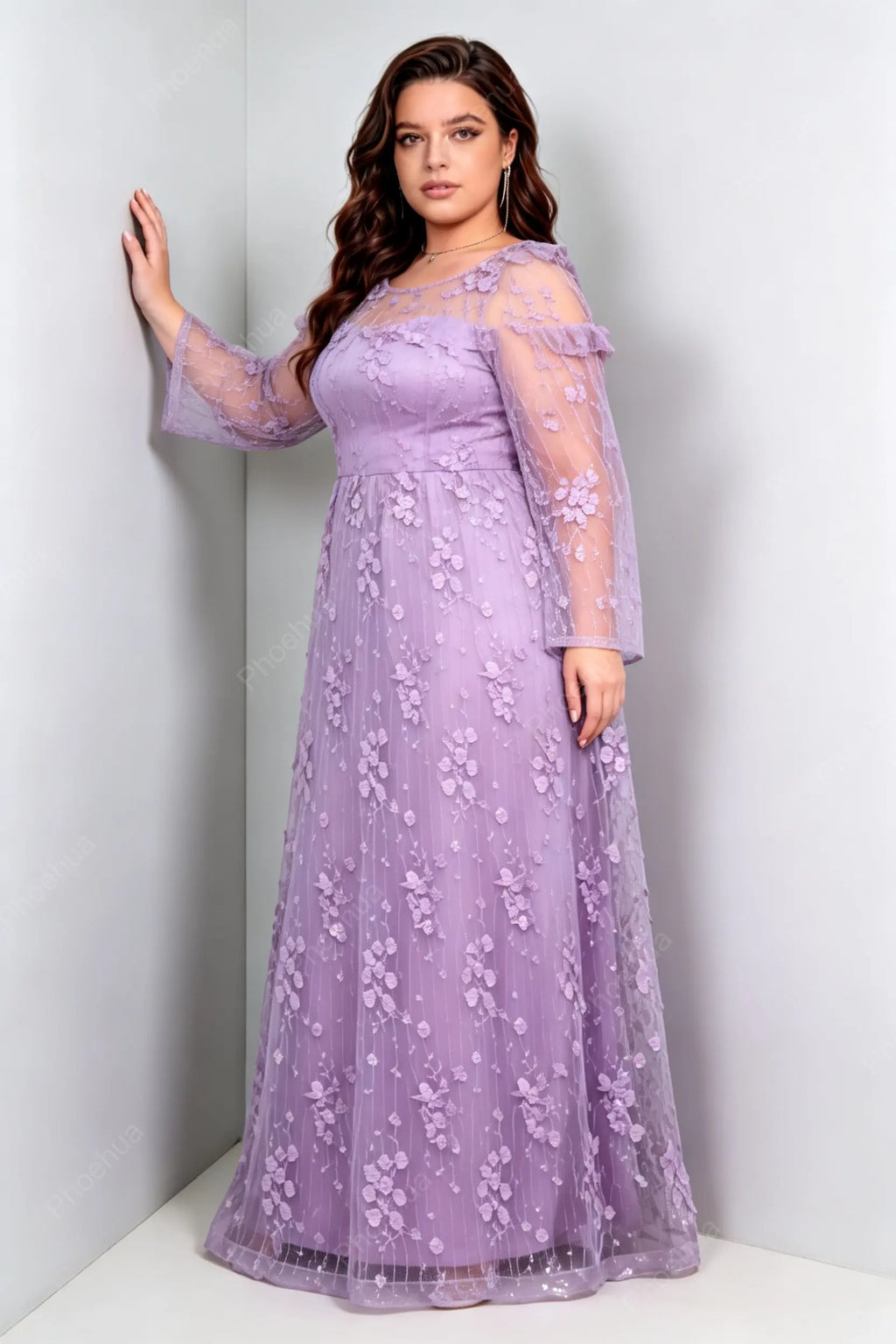 Plus Size Lavender 3D Floral Sequin Mesh Cold Shoulder Long Sleeve A-Line Floor Length Evening Maxi Dress