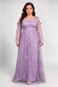 Plus Size Lavender 3D Floral Sequin Mesh Cold Shoulder Long Sleeve A-Line Floor Length Evening Maxi Dress