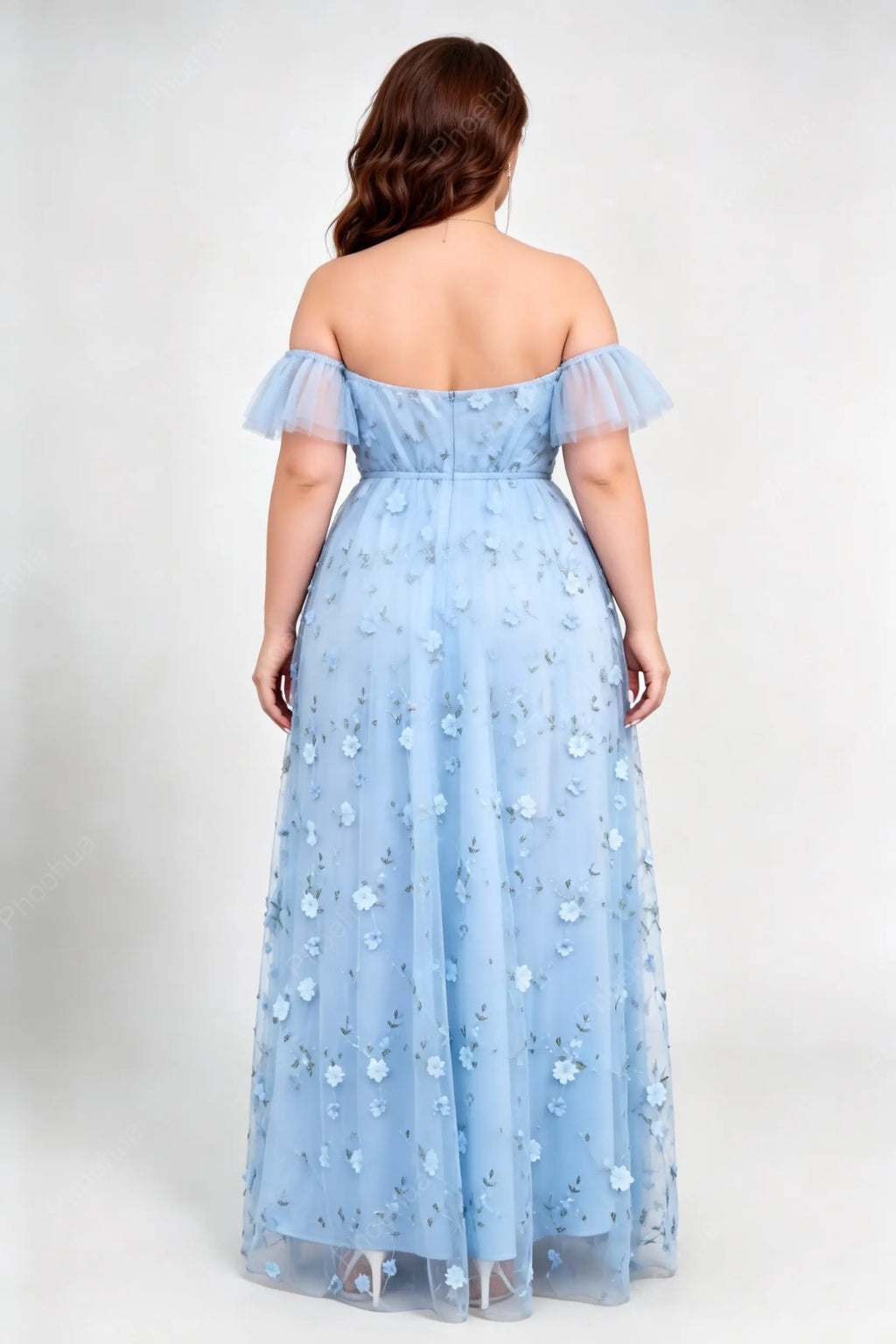 Plus Size Light Blue Off The Shoulder Short Flutter Sleeve 3D Floral Embroidery Tulle A Line Floor Length Bridesmaid Maxi Evening Dress
