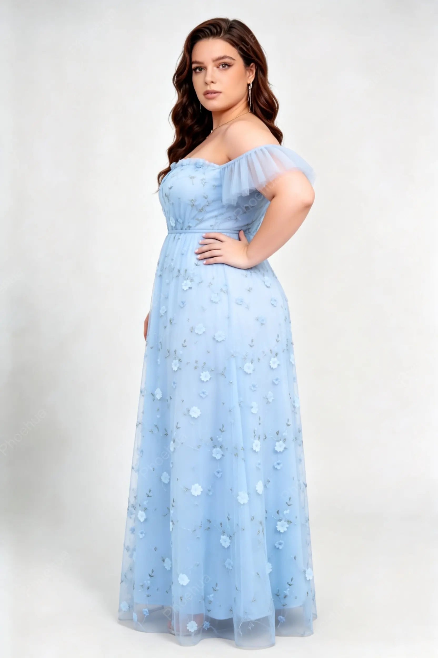 Plus Size Light Blue Off The Shoulder Short Flutter Sleeve 3D Floral Embroidery Tulle A Line Floor Length Bridesmaid Maxi Evening Dress