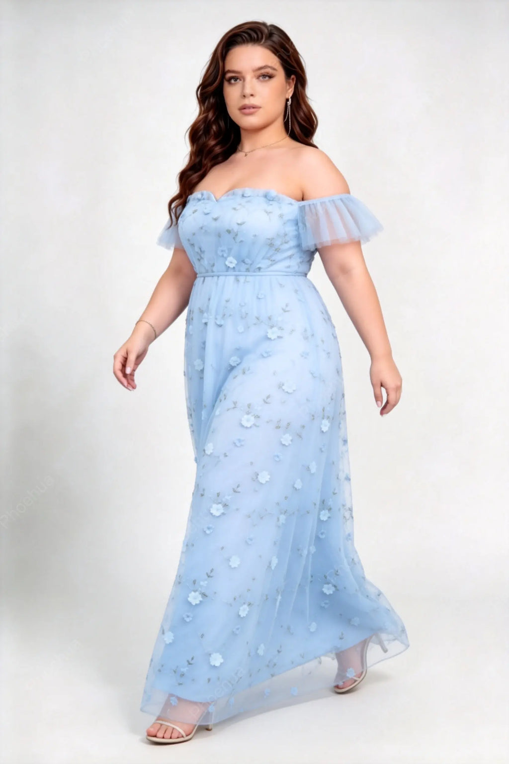 Plus Size Light Blue Off The Shoulder Short Flutter Sleeve 3D Floral Embroidery Tulle A Line Floor Length Bridesmaid Maxi Evening Dress