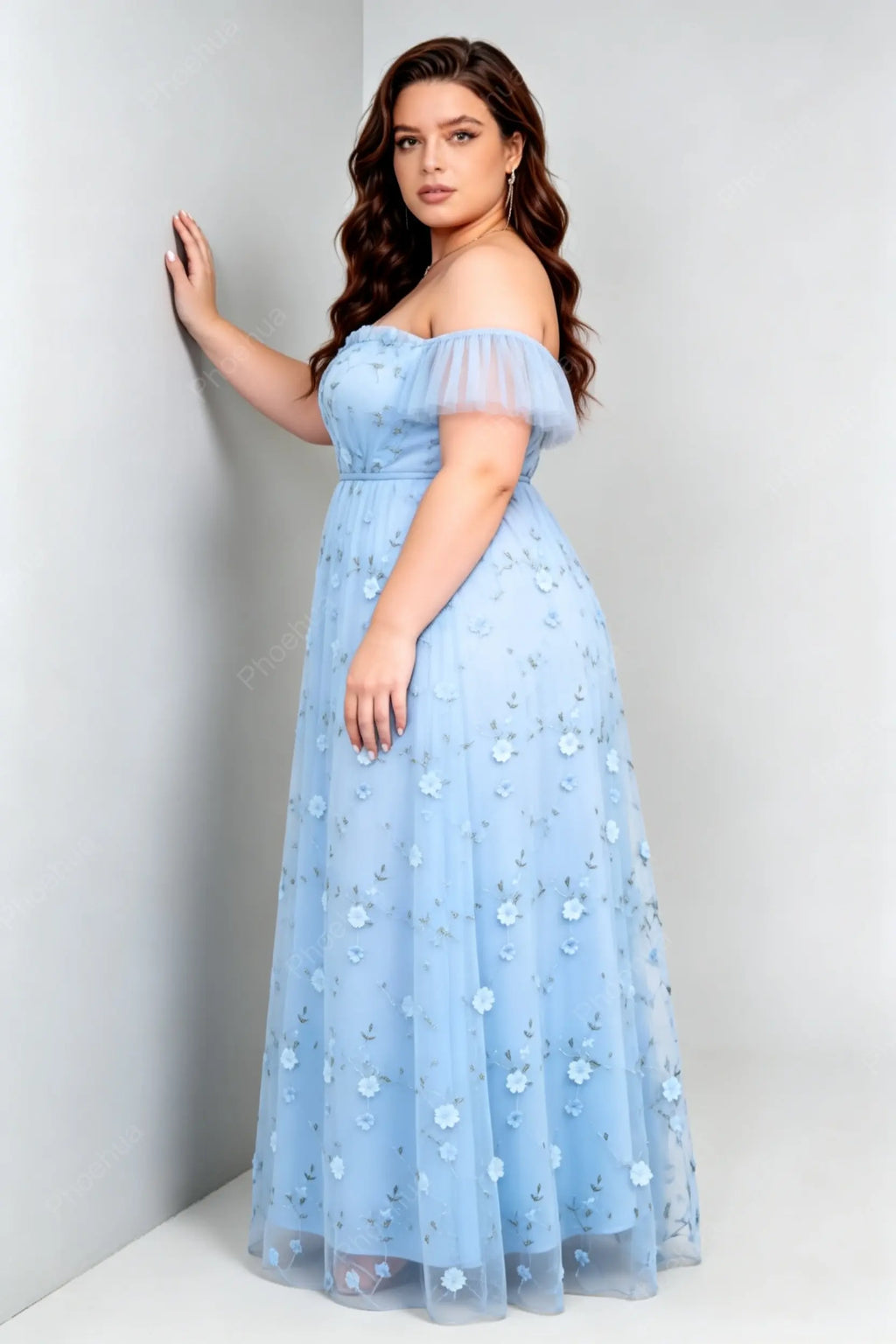 Plus Size Light Blue Off The Shoulder Short Flutter Sleeve 3D Floral Embroidery Tulle A Line Floor Length Bridesmaid Maxi Evening Dress