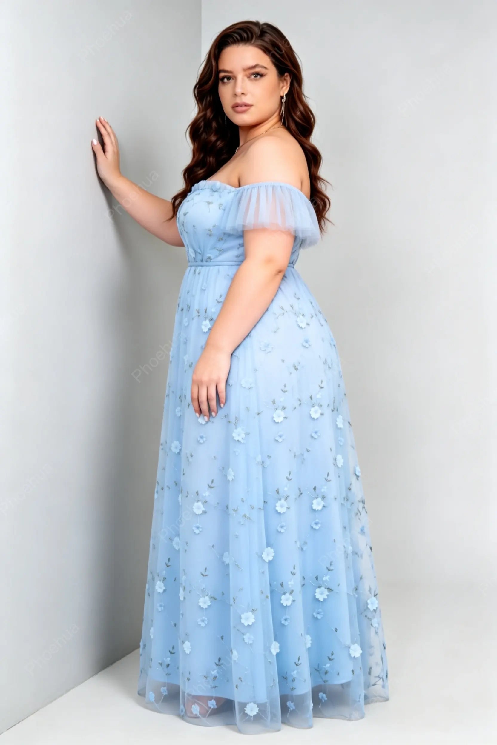 Plus Size Light Blue Off The Shoulder Short Flutter Sleeve 3D Floral Embroidery Tulle A Line Floor Length Bridesmaid Maxi Evening Dress