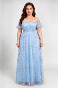 Plus Size Light Blue Off The Shoulder Short Flutter Sleeve 3D Floral Embroidery Tulle A Line Floor Length Bridesmaid Maxi Evening Dress