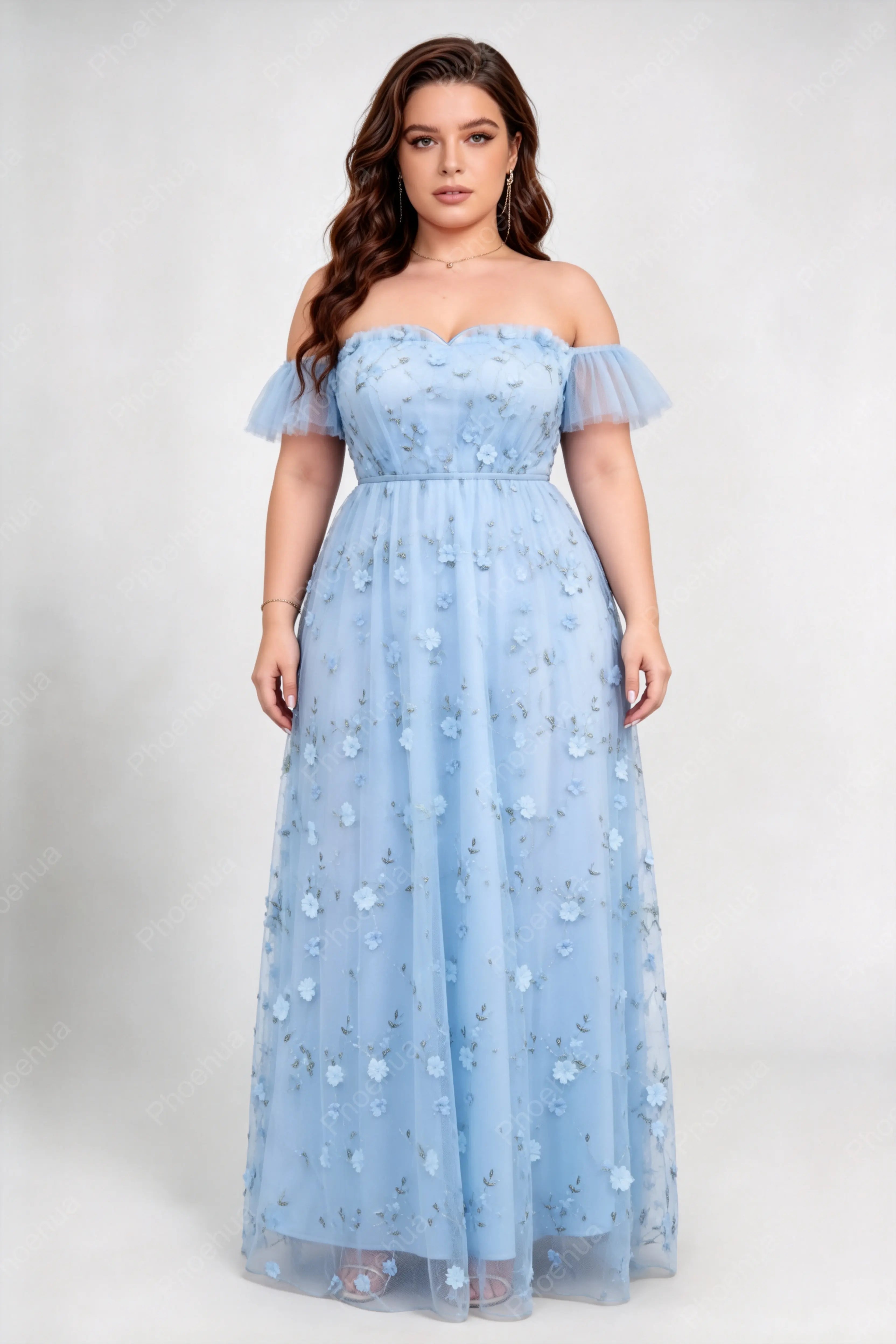 Plus Size Light Blue Off The Shoulder Short Flutter Sleeve 3D Floral Embroidery Tulle A Line Floor Length Bridesmaid Maxi Evening Dress