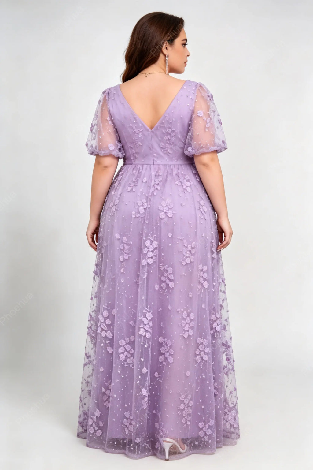 Plus Size Lavender Deep V Neck Puff Short Sleeve 3D Floral Sequin Mesh High Slit A Line Floor Length Bridesmaid Evening Maxi Dress