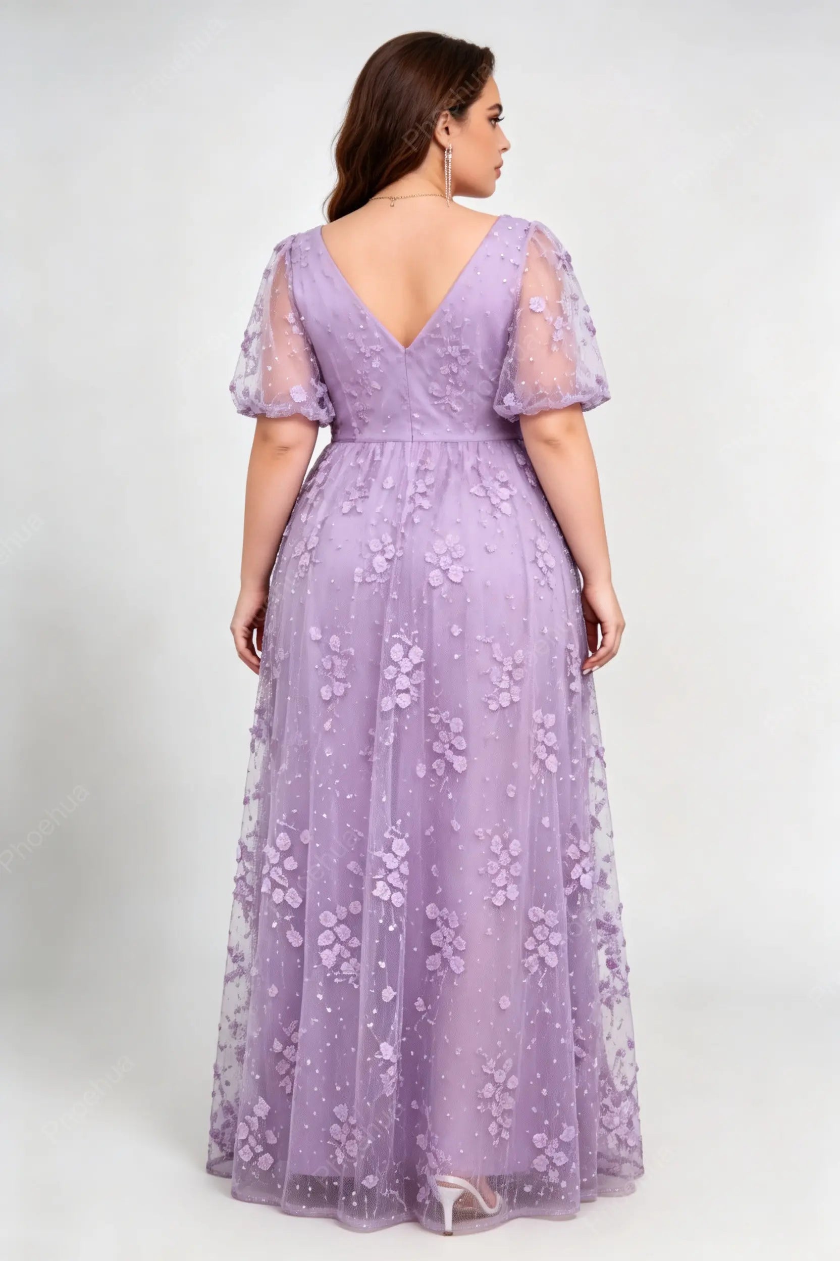 Plus Size Lavender Deep V Neck Puff Short Sleeve 3D Floral Sequin Mesh High Slit A Line Floor Length Bridesmaid Evening Maxi Dress