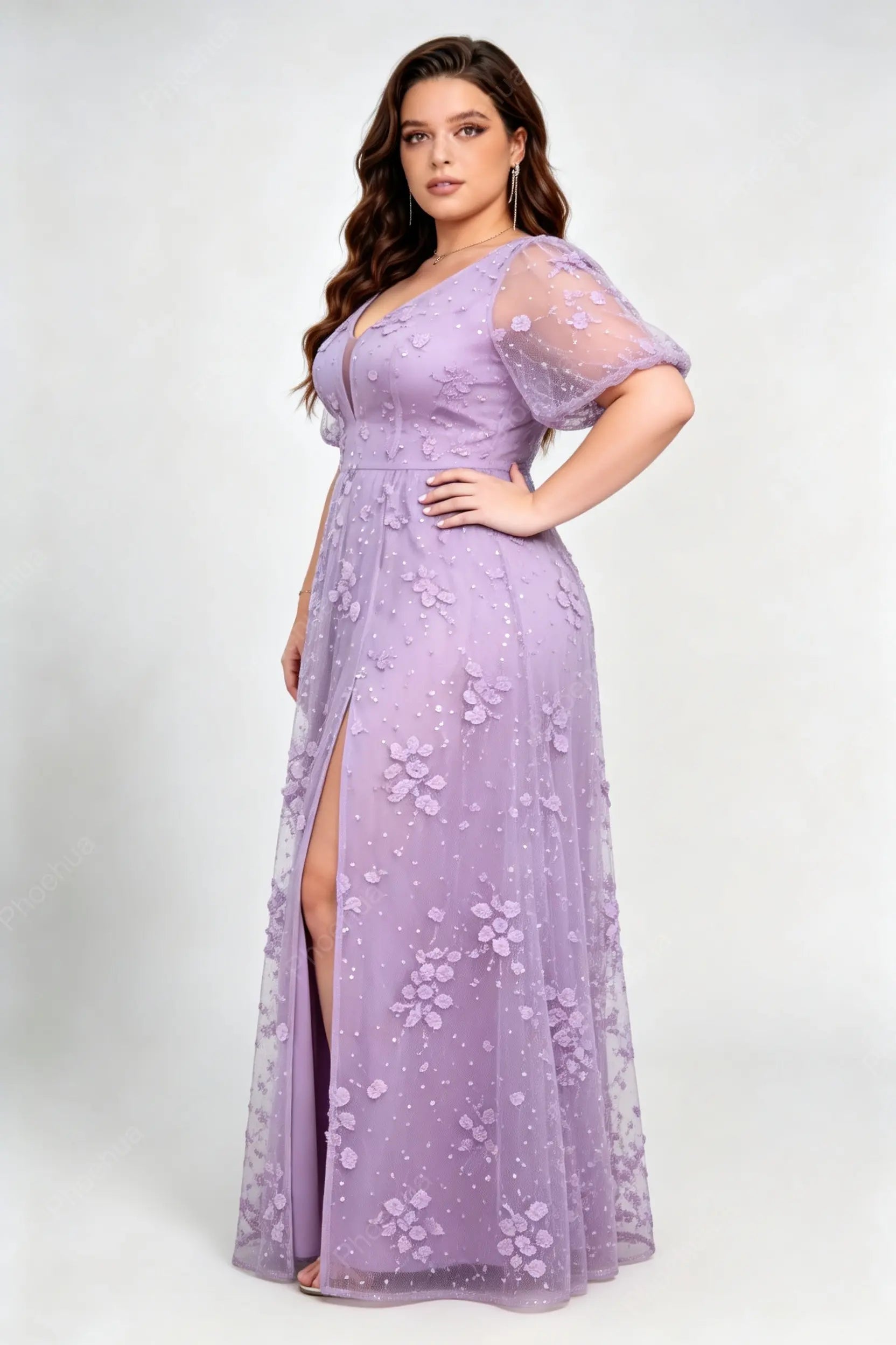Plus Size Lavender Deep V Neck Puff Short Sleeve 3D Floral Sequin Mesh High Slit A Line Floor Length Bridesmaid Evening Maxi Dress