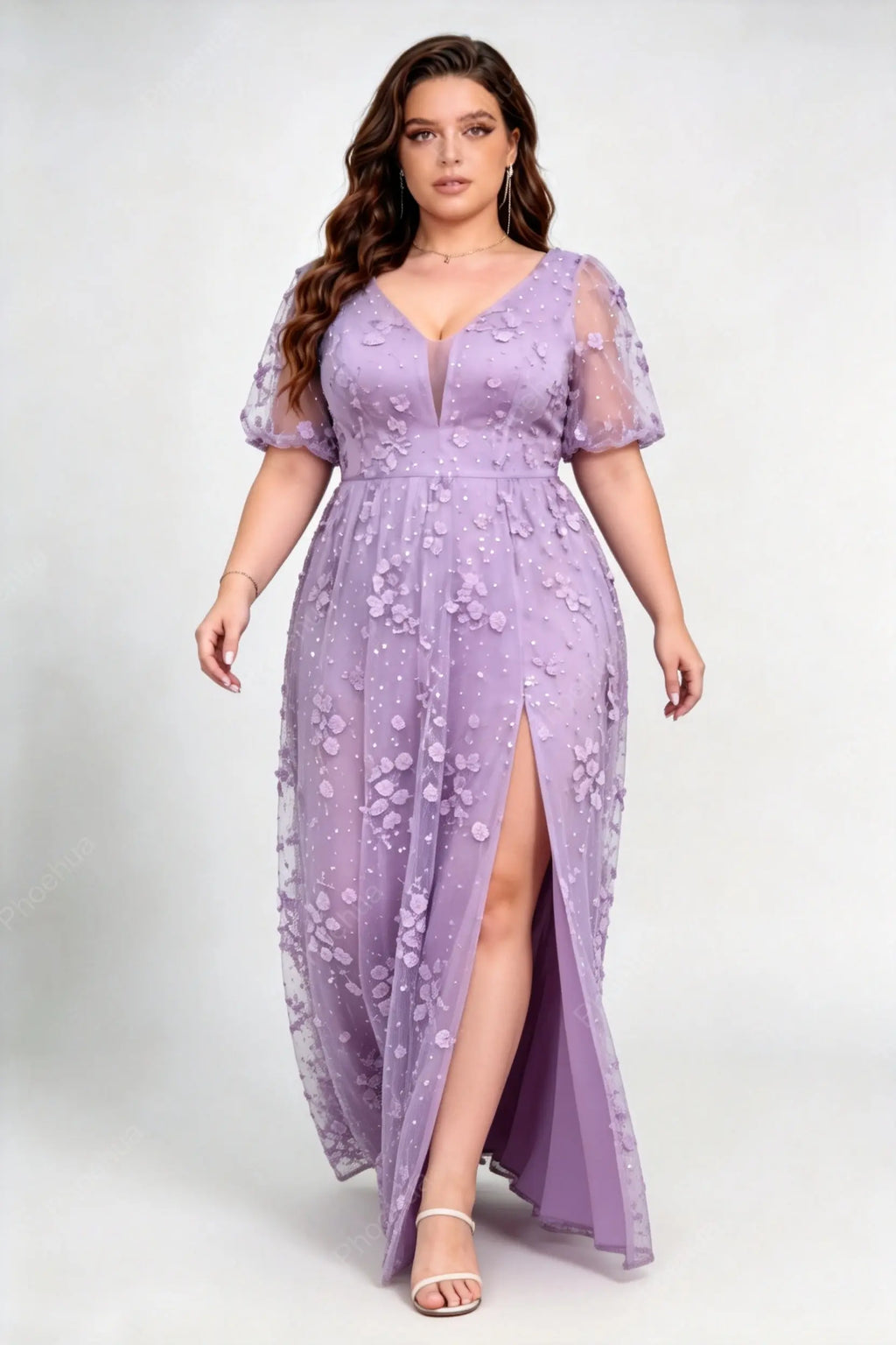 Plus Size Lavender Deep V Neck Puff Short Sleeve 3D Floral Sequin Mesh High Slit A Line Floor Length Bridesmaid Evening Maxi Dress