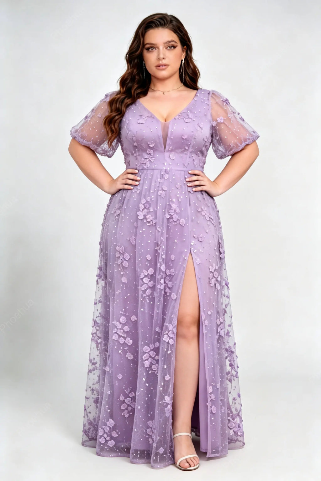 Plus Size Lavender Deep V Neck Puff Short Sleeve 3D Floral Sequin Mesh High Slit A Line Floor Length Bridesmaid Evening Maxi Dress