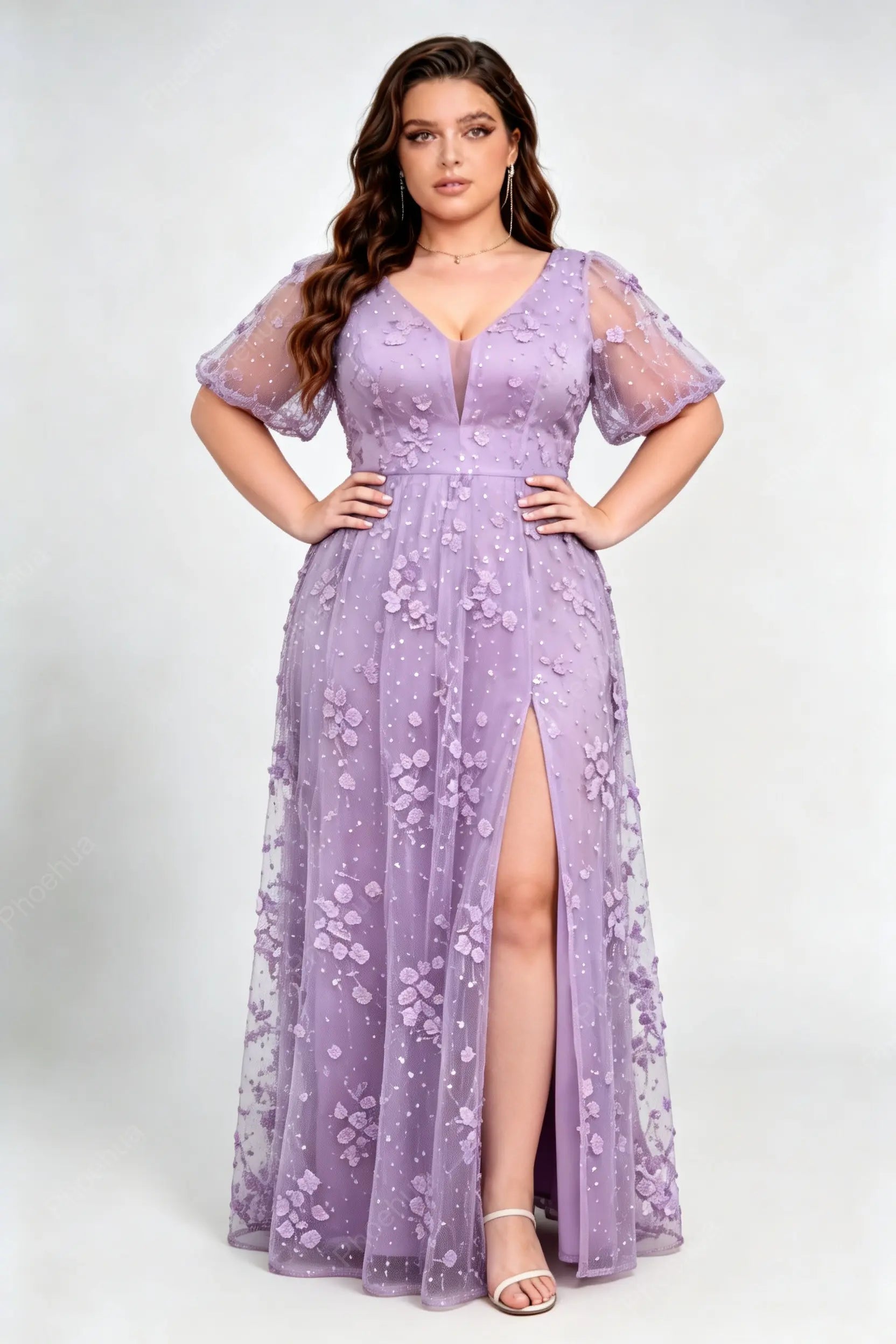 Plus Size Lavender Deep V Neck Puff Short Sleeve 3D Floral Sequin Mesh High Slit A Line Floor Length Bridesmaid Evening Maxi Dress
