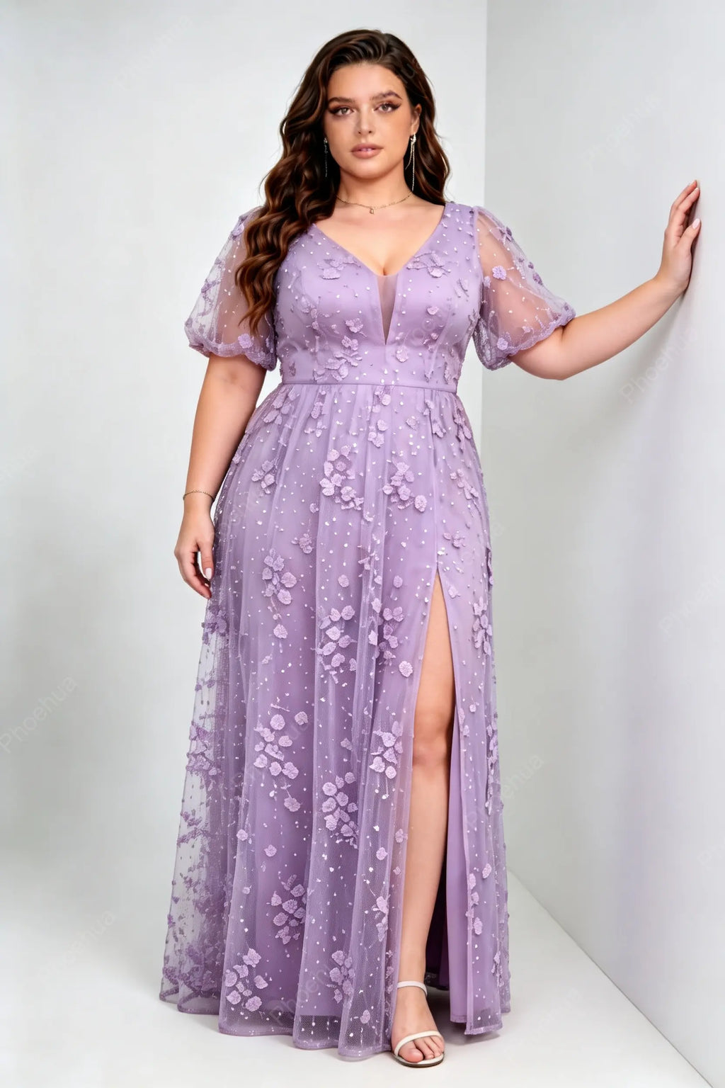 Plus Size Lavender Deep V Neck Puff Short Sleeve 3D Floral Sequin Mesh High Slit A Line Floor Length Bridesmaid Evening Maxi Dress