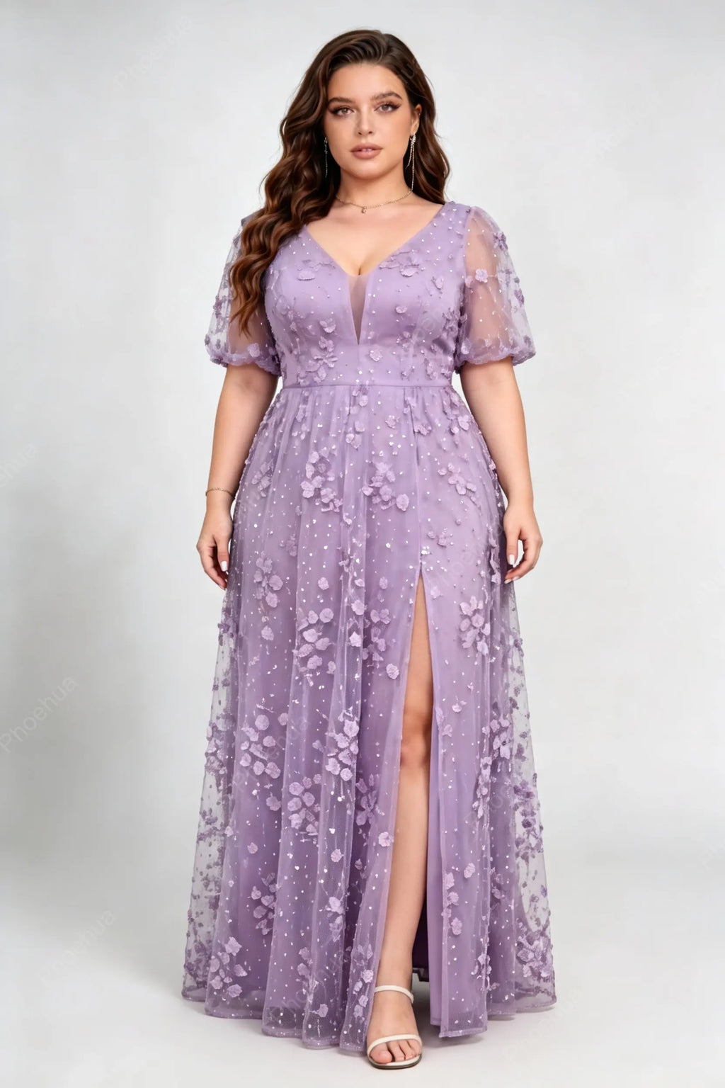 Plus Size Lavender Deep V Neck Puff Short Sleeve 3D Floral Sequin Mesh High Slit A Line Floor Length Bridesmaid Evening Maxi Dress