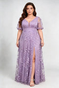 Plus Size Lavender Deep V Neck Puff Short Sleeve 3D Floral Sequin Mesh High Slit A Line Floor Length Bridesmaid Evening Maxi Dress