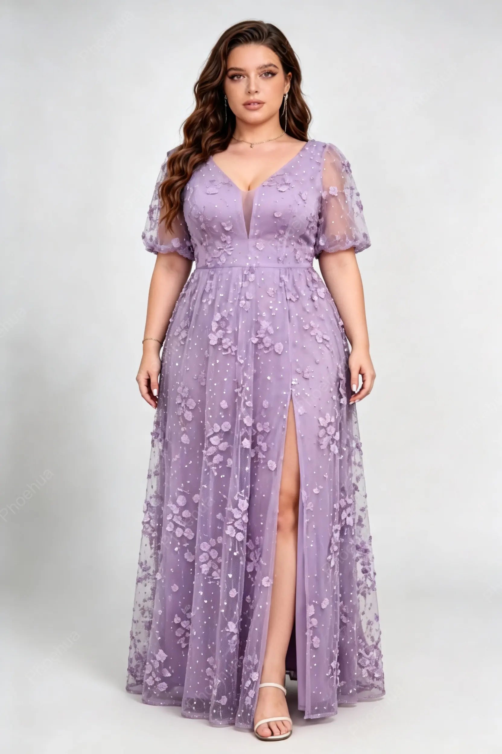 Plus Size Lavender Deep V Neck Puff Short Sleeve 3D Floral Sequin Mesh High Slit A Line Floor Length Bridesmaid Evening Maxi Dress