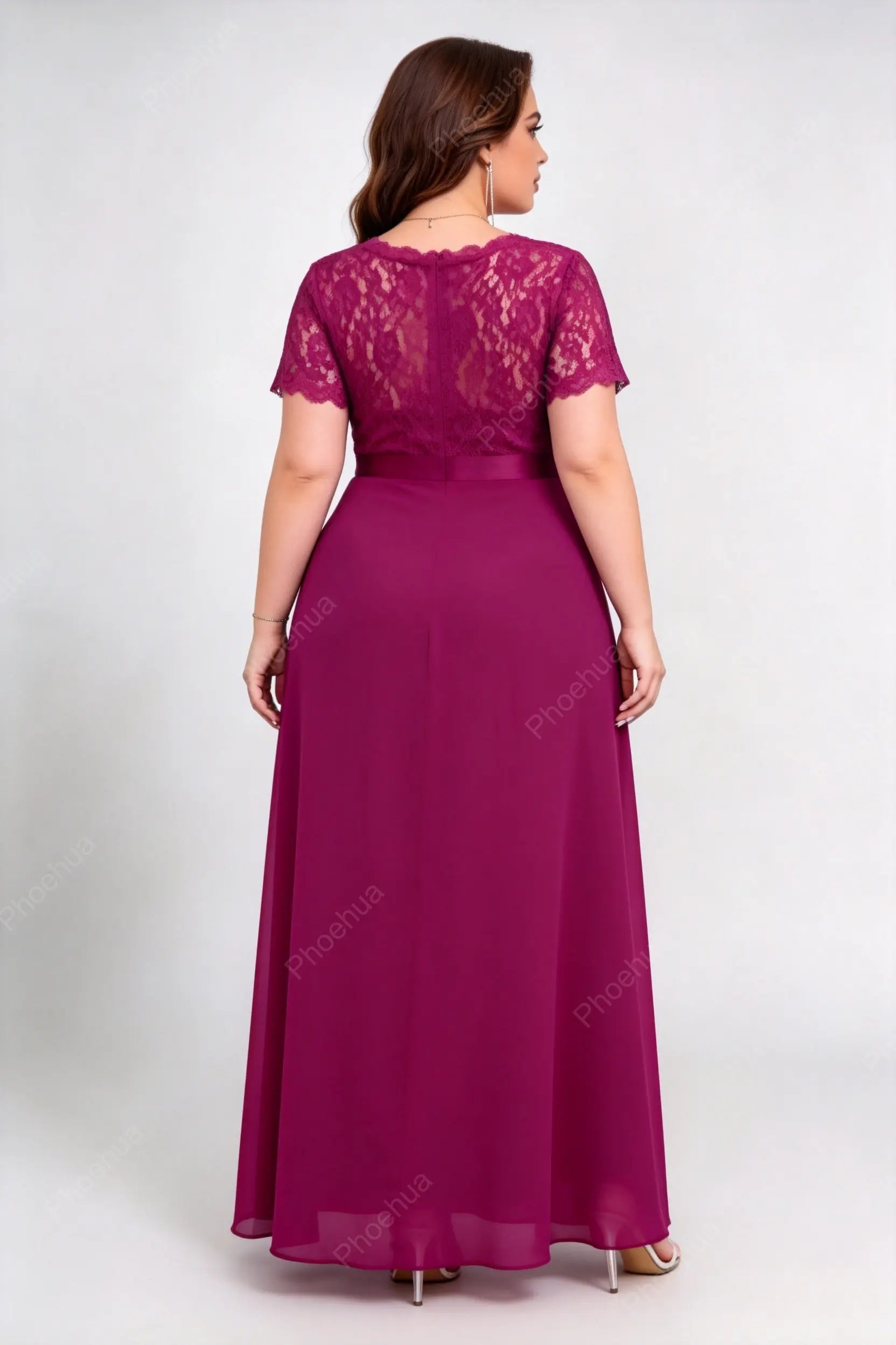 Plus Size Rose Red Sweetheart V Neck Lace Short Sleeve Ruffle High Slit Chiffon A Line Floor Length Bridesmaid Evening Maxi Dress