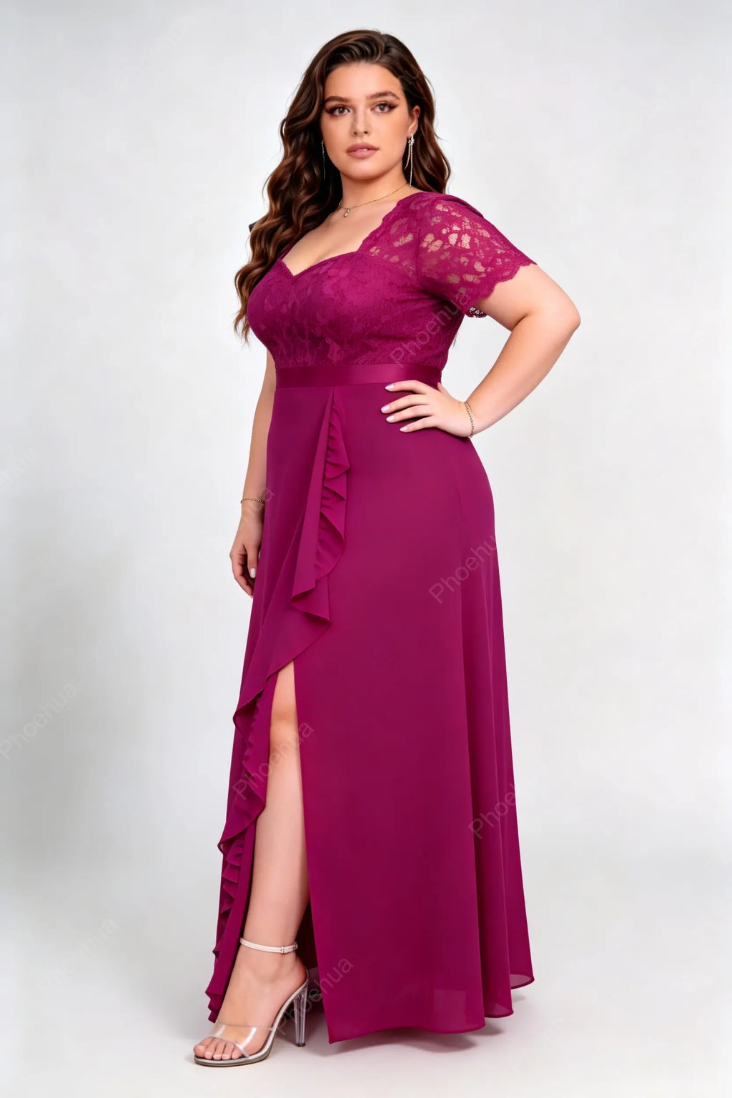 Plus Size Rose Red Sweetheart V Neck Lace Short Sleeve Ruffle High Slit Chiffon A Line Floor Length Bridesmaid Evening Maxi Dress