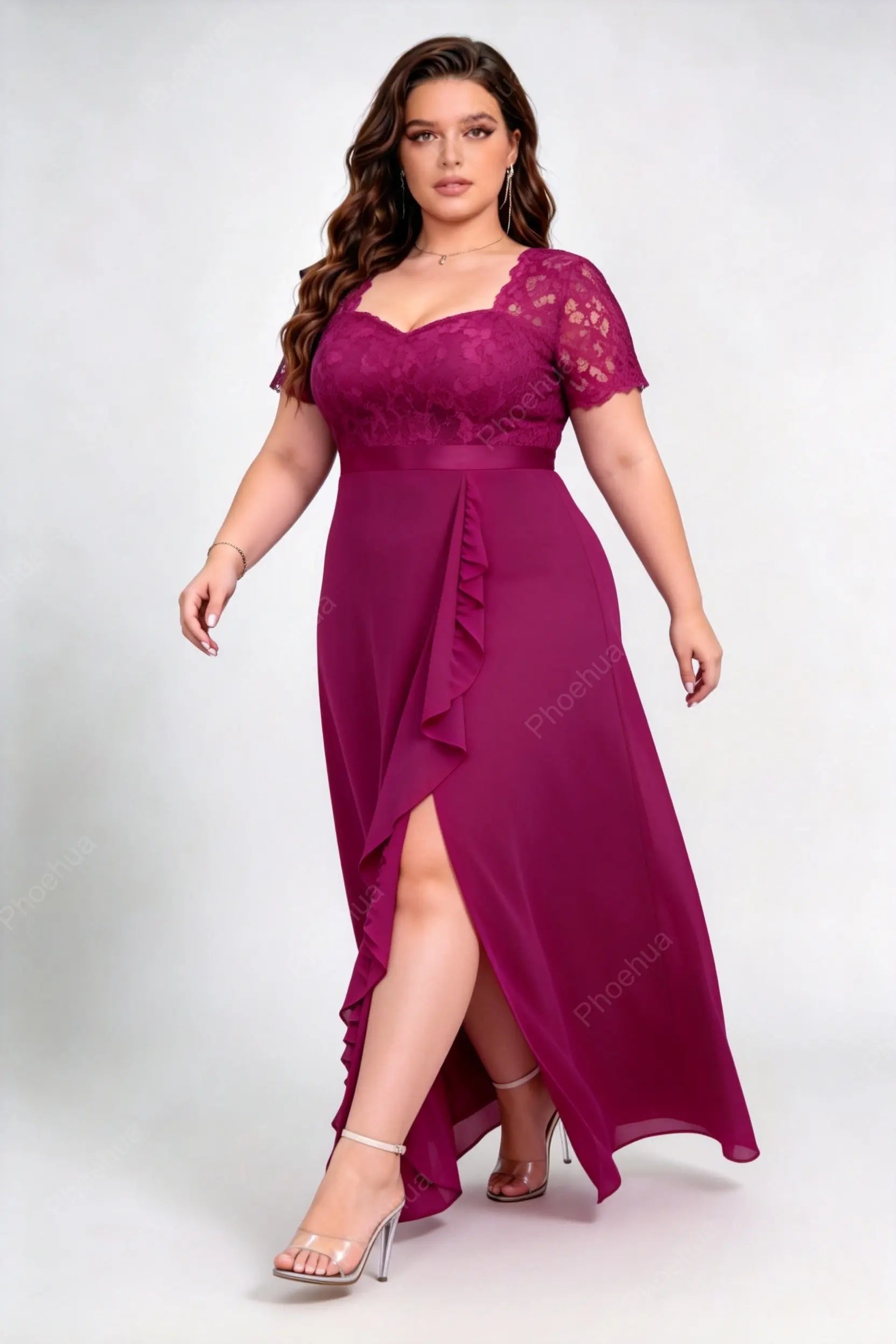 Plus Size Rose Red Sweetheart V Neck Lace Short Sleeve Ruffle High Slit Chiffon A Line Floor Length Bridesmaid Evening Maxi Dress