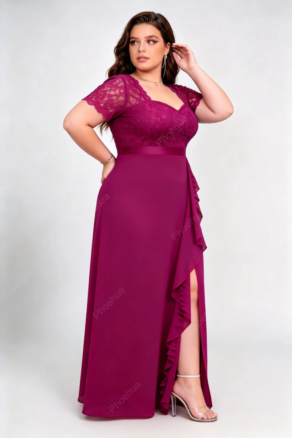 Plus Size Rose Red Sweetheart V Neck Lace Short Sleeve Ruffle High Slit Chiffon A Line Floor Length Bridesmaid Evening Maxi Dress