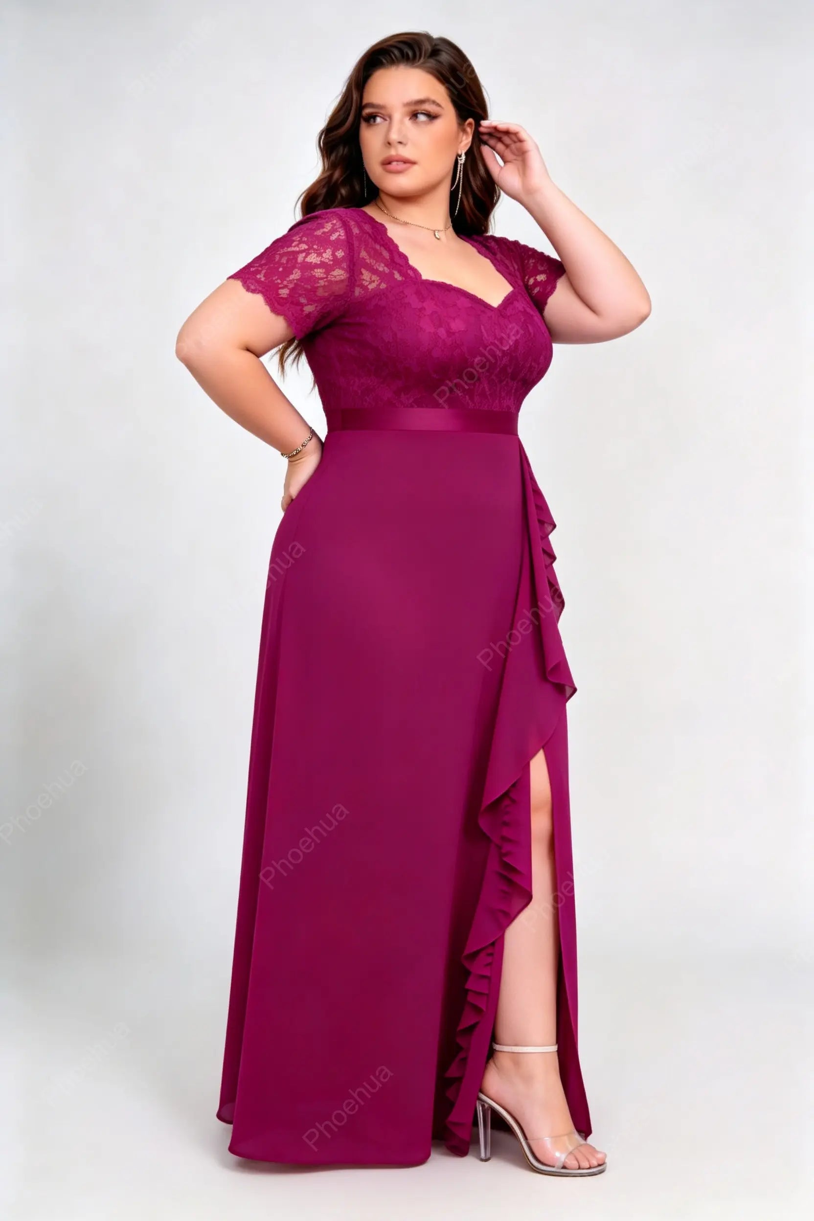 Plus Size Rose Red Sweetheart V Neck Lace Short Sleeve Ruffle High Slit Chiffon A Line Floor Length Bridesmaid Evening Maxi Dress