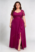 Plus Size Rose Red Sweetheart V Neck Lace Short Sleeve Ruffle High Slit Chiffon A Line Floor Length Bridesmaid Evening Maxi Dress