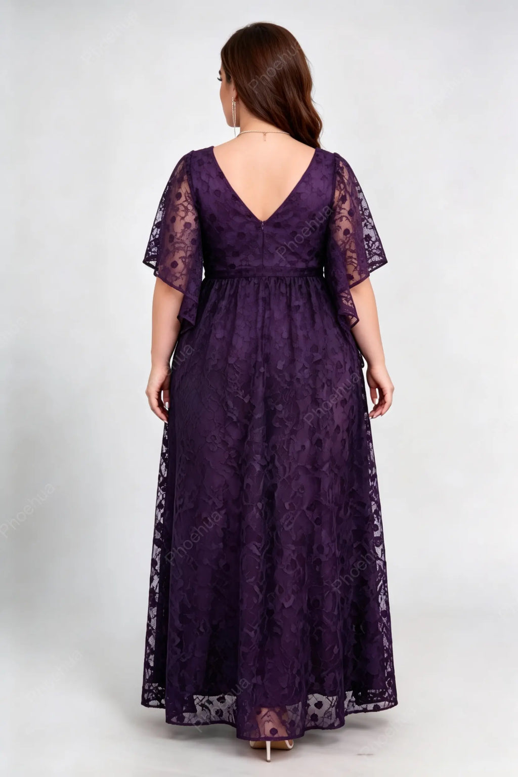 Plus Size Dark Purple Illusion Neck Flutter Short Sleeve Allover Lace Empire Waist A Line Floor Length Bridesmaid Evening Maxi Dress