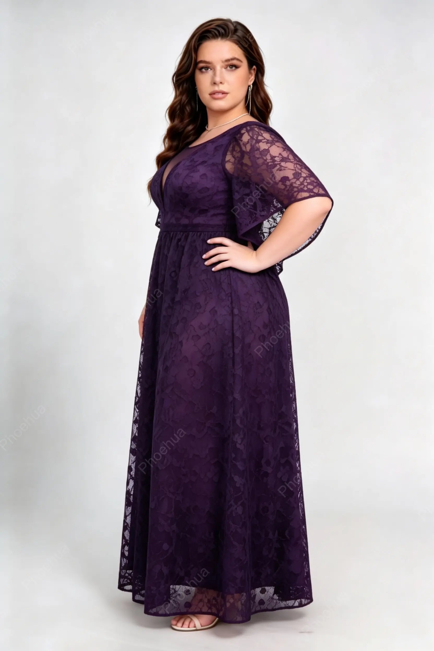 Plus Size Dark Purple Illusion Neck Flutter Short Sleeve Allover Lace Empire Waist A Line Floor Length Bridesmaid Evening Maxi Dress