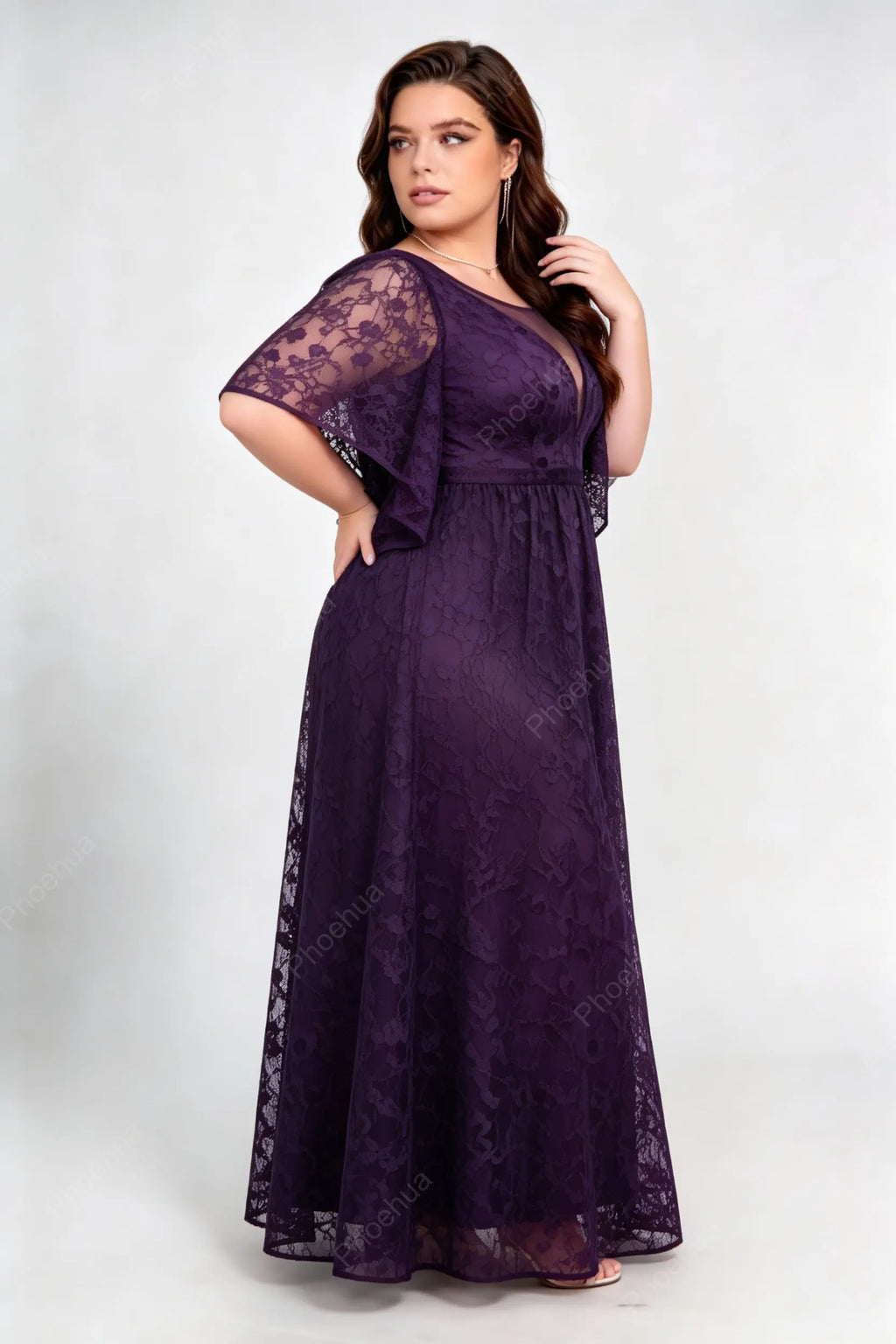 Plus Size Dark Purple Illusion Neck Flutter Short Sleeve Allover Lace Empire Waist A Line Floor Length Bridesmaid Evening Maxi Dress